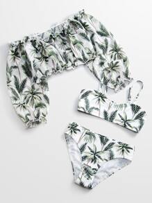 3packs Tween Girl Tropical Bikini Set & Cover Up Summer Beach - Green - View 1