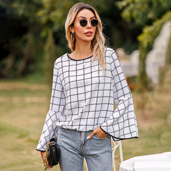 

Contrast Binding Flounce Sleeve Plaid Blouse, Black and white