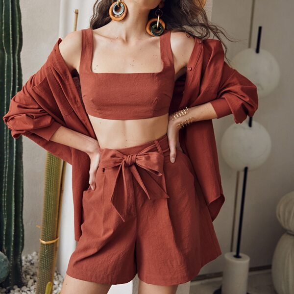 

Zip Back Tank Crop Top & Belted Wide Leg Shorts Set Without Coat, Redwood