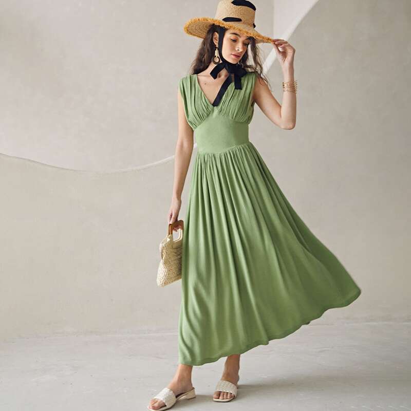 

Solid Double V Neck Dress, Lime green