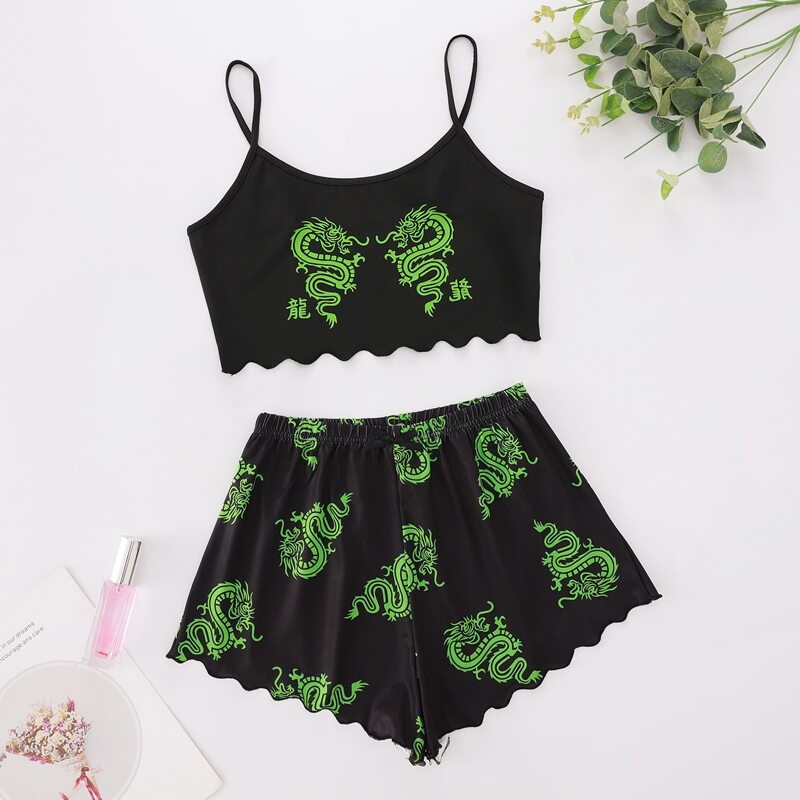 

Chinese Dragon & Letter Print PJ Set, Black