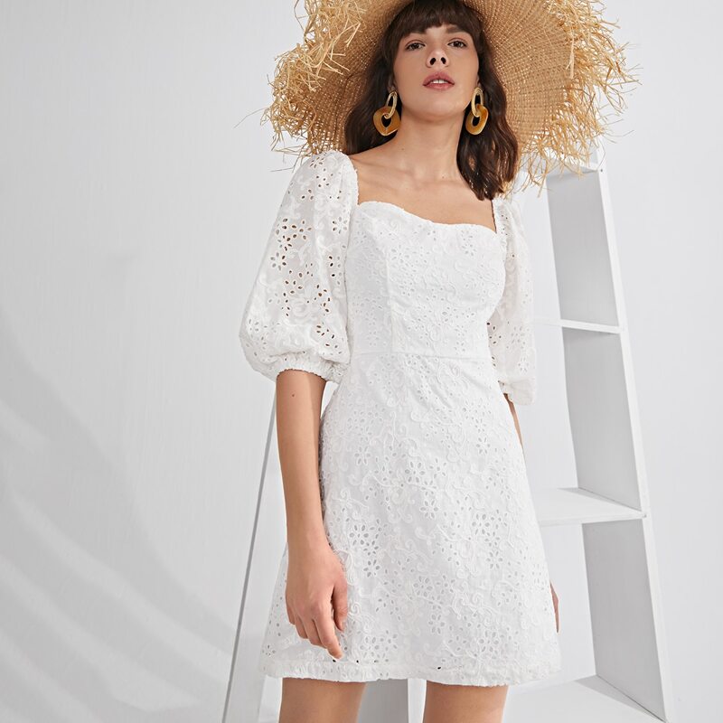 

Puff Sleeve Schiffy Dress, White