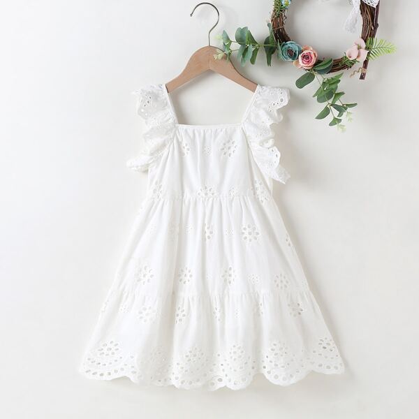 

Toddler Girls Eyelet Embroidery Scallop Trim Dress, White