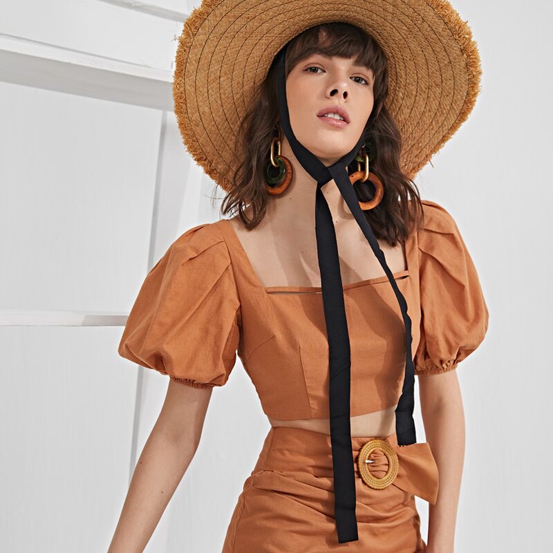 

O-ring Zip Puff Sleeve Top, Orange