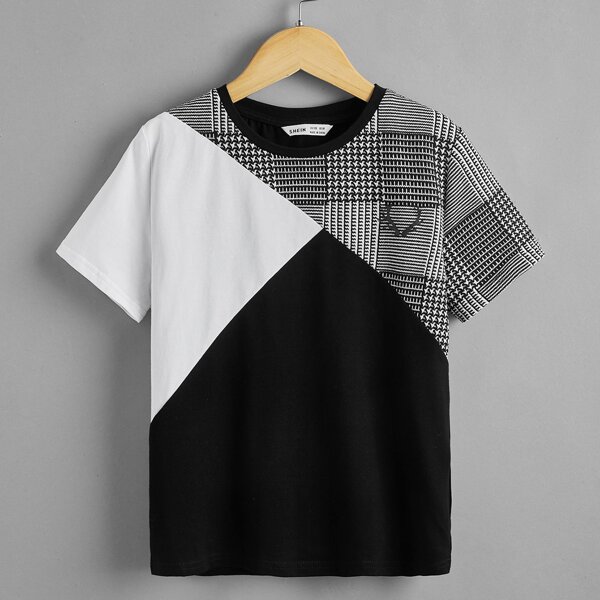 

Boys Plaid & Colorblock Print Tee, Black and white