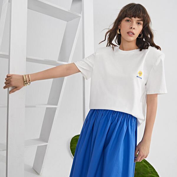 

Shoulder Pad Floral & Letter Embroidery Tee, White