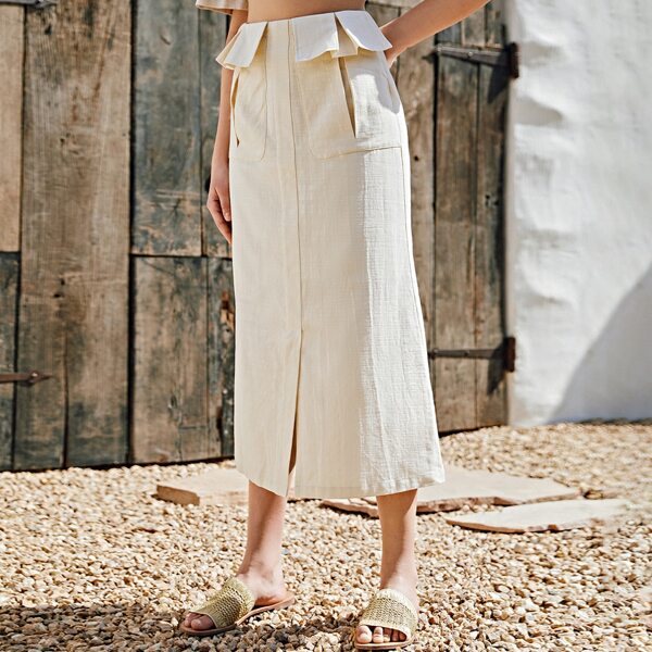 

Fold Pleat Slit Hem Skirt, Khaki