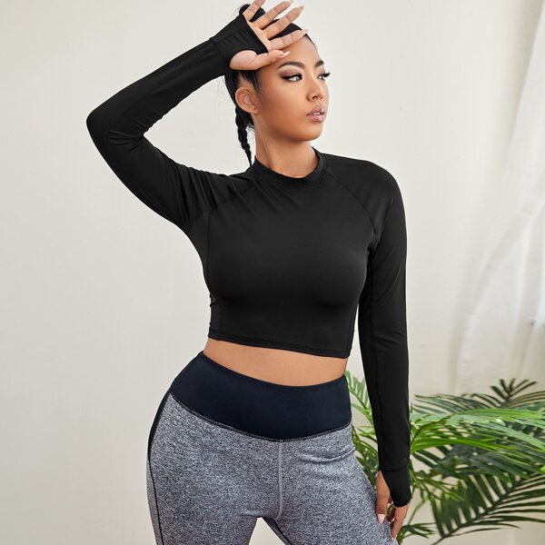 

Plus Solid Thumb Holes Crop Sports Tee, Black