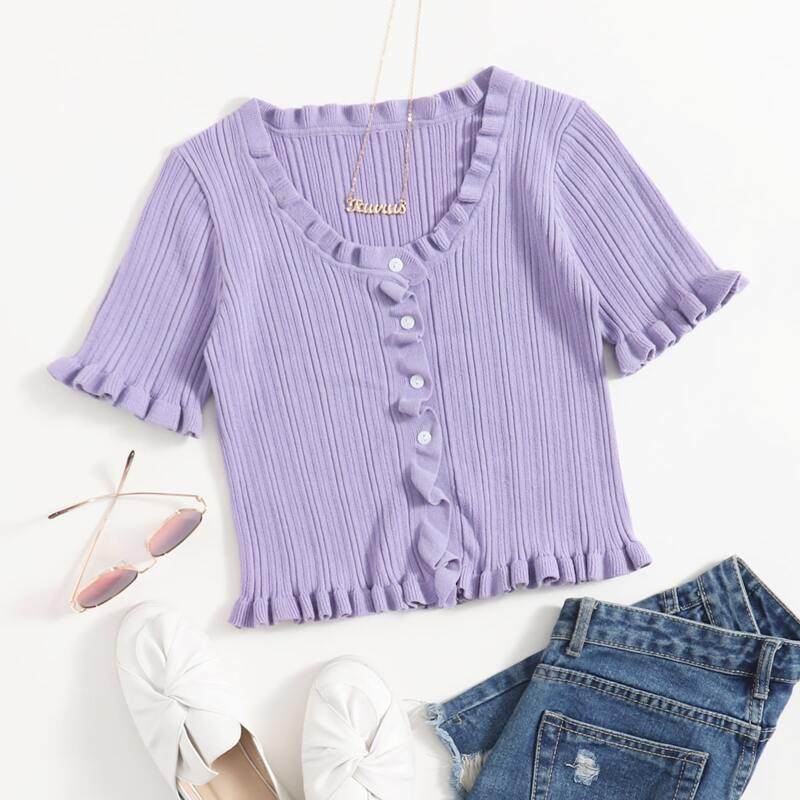 

Frill Trim Button Front Knit Top, Lilac purple