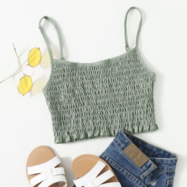 

Frill Hem Shirred Crop Cami Top, Mint green