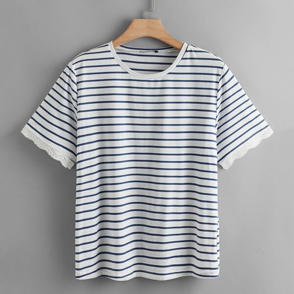 

Plus Striped Lace Trim Tee, Blue and white