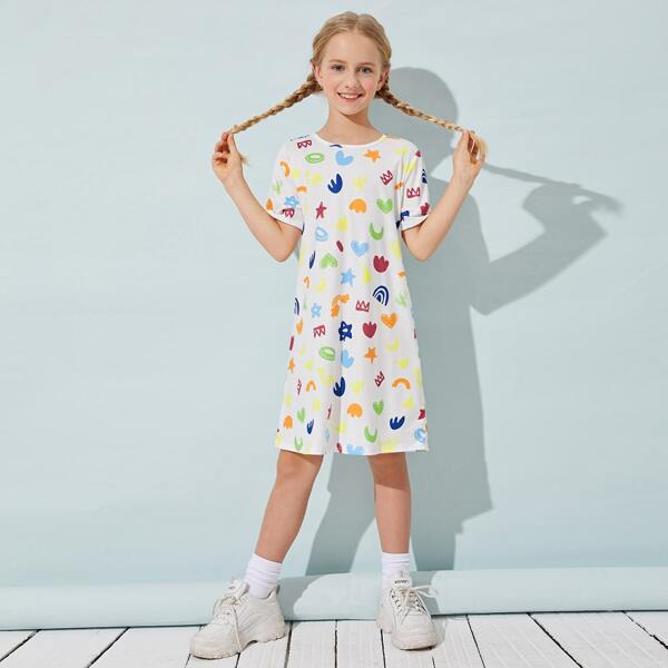 

Girls Cartoon Graphic Tee Dress, Multicolor
