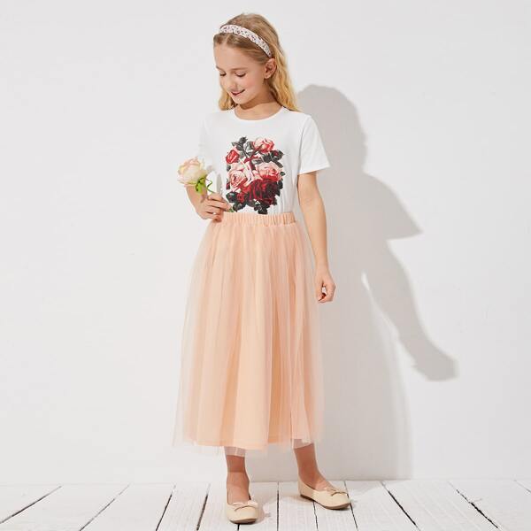 

Girls Floral Print Tee & Mesh Skirt Set, Multicolor