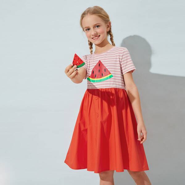 

Girls Watermelon & Striped Print Combo Dress, Multicolor