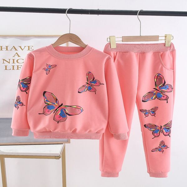 

Girls Butterfly Print Sweatshirt & Sweatpants, Watermelon pink