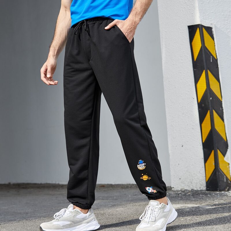 

Guys Cartoon Graphic Drawstring Waist Sweatpants, Black