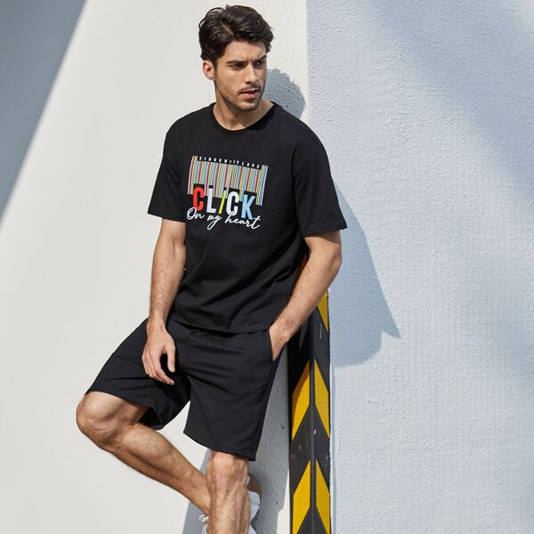

Men Slogan Graphic Tee With Drawstring Waist Shorts, Black