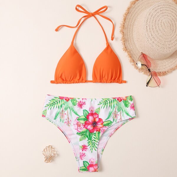 

Floral Random Print Triangle Bikini Swimsuit, Multicolor