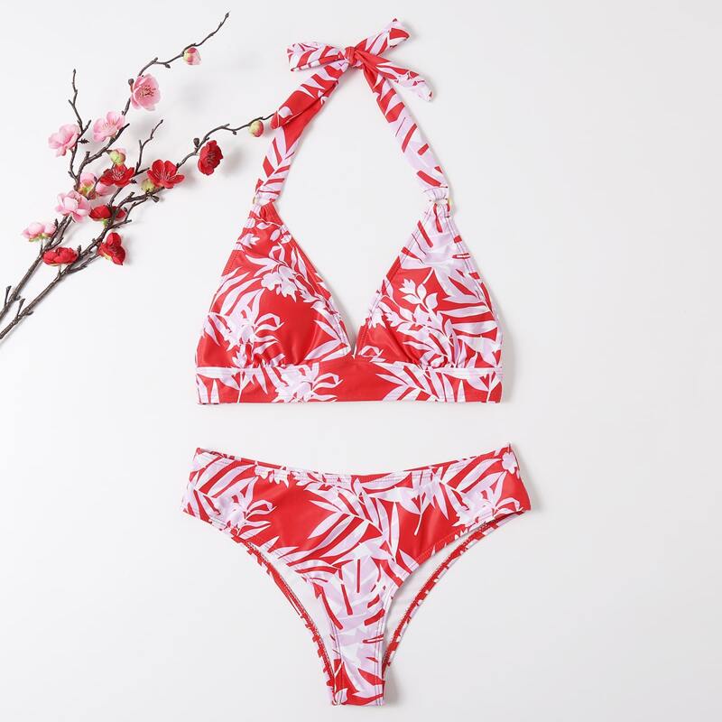 

Leaf Print Halter Bikini Swimsuit, Red