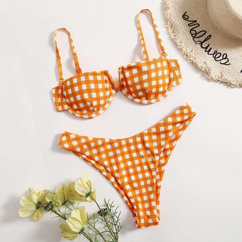 

Gingham V Wired Bikini Swimsuit, Orange