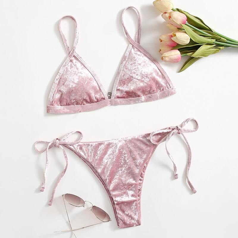 

Velvet Solid Triangle Tie Side Bikini Swimsuit, Dusty pink
