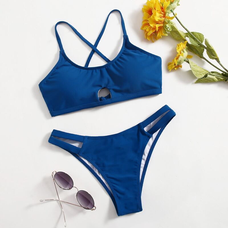 

Plain Lace-up Back Bikini Swimsuit, Blue