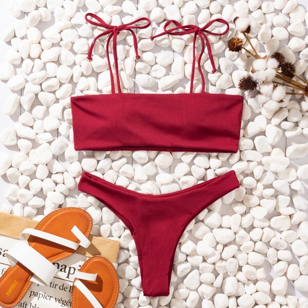 

Rib Tie Shoulder Bikini Swimsuit, Burgundy