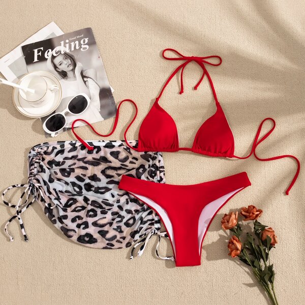 

3pack Triangle Bikini Swimsuit & Graphic Beach Skirt, Multicolor