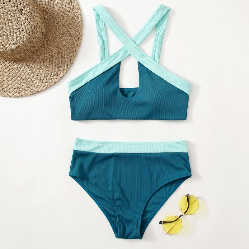 Contrast Binding Cut-out Bikini Swimsuit, Multicolor