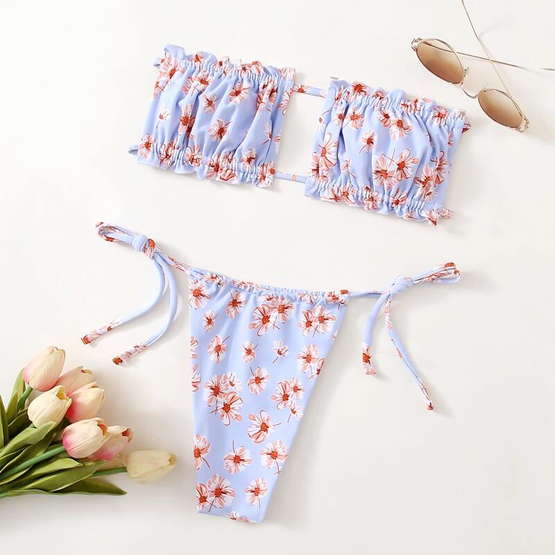 

Floral Frill Trim Bandeau Bikini Swimsuit, Baby blue