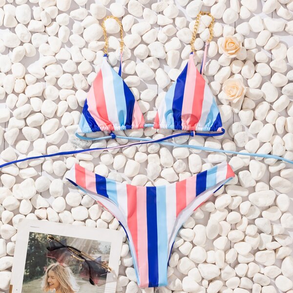 

Striped Chain Strap Bikini Swimsuit, Multicolor