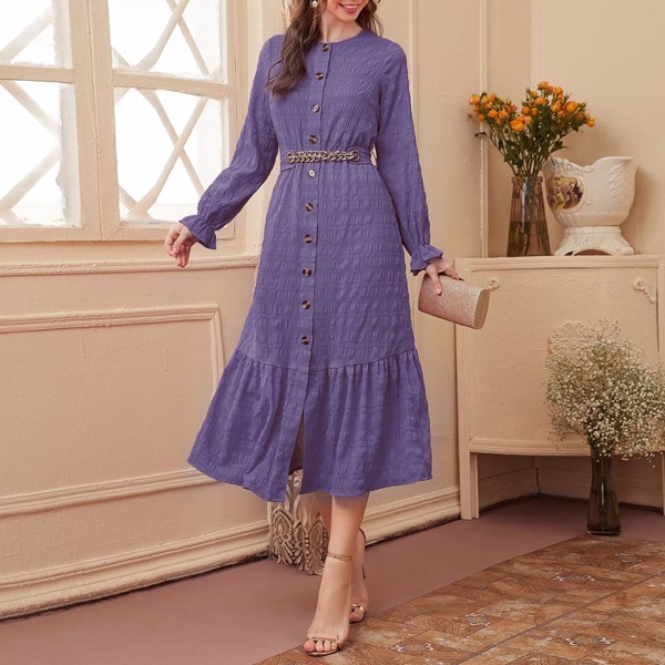 

Button Front Ruffle Hem Belted Dress, Violet purple