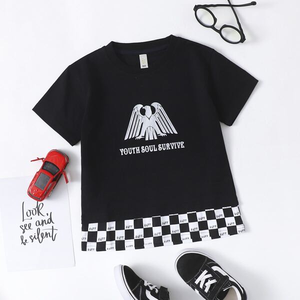 

Toddler Boys Checkerboard Plaid & Letter Graphic Tee, Black