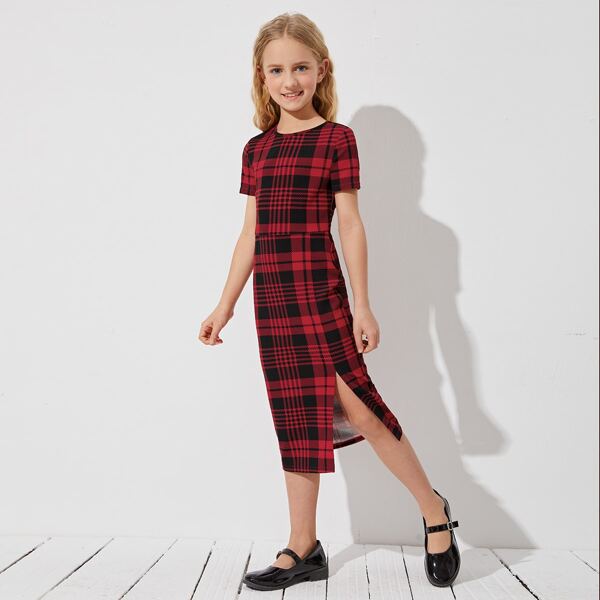 

Girls Slit Hem Tartan Print Dress, Multicolor