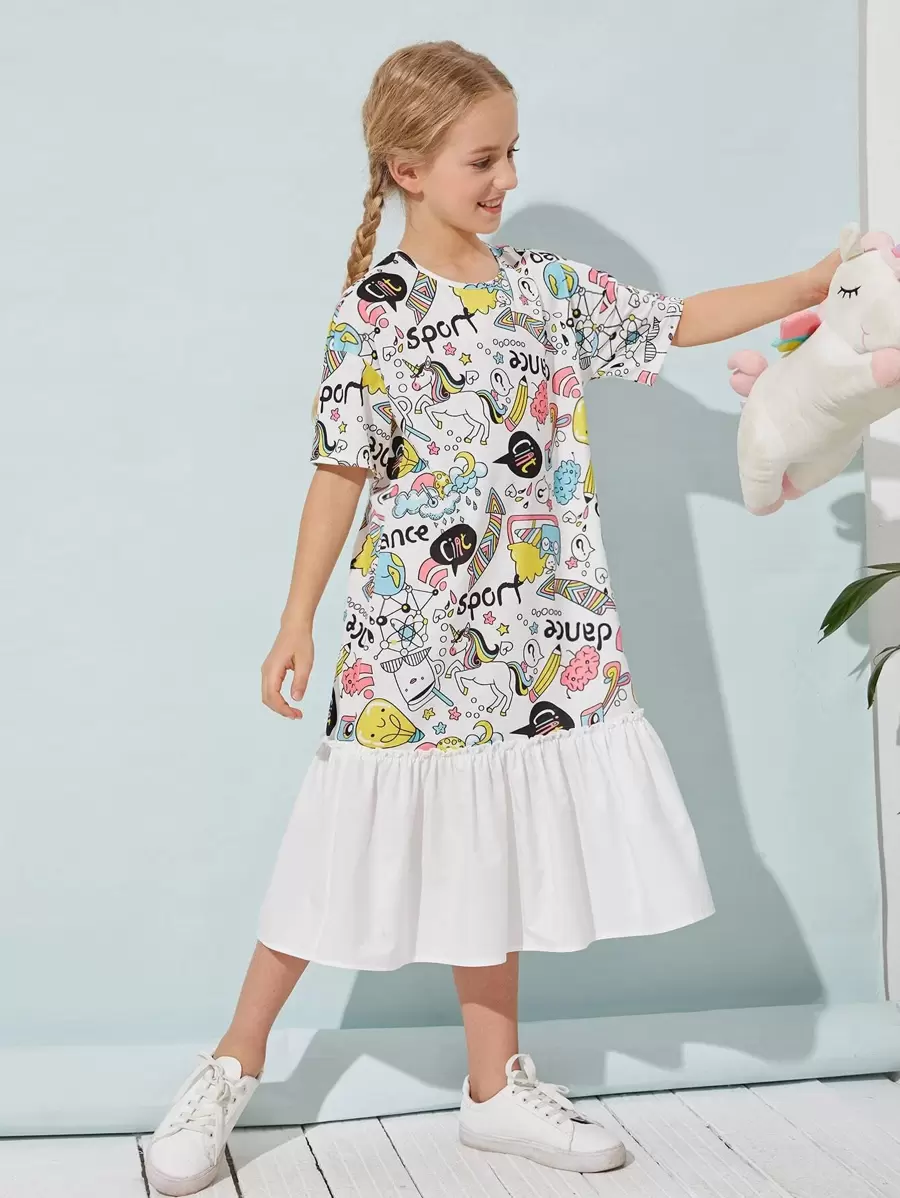 SHEIN Vestido bajo fruncido con estampado de dibujos animados - Multicolor - Ver 1