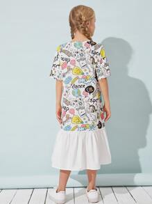 SHEIN Vestido bajo fruncido con estampado de dibujos animados - Multicolor - Ver 2