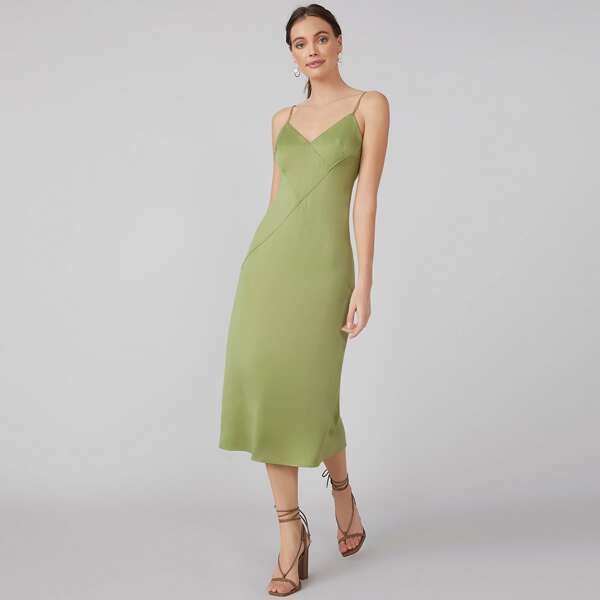 

RECYCLE POLYESTER MIDI SLIP DRESS, Lime green