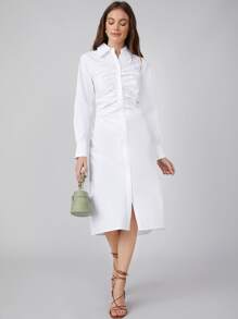 SHEIN Gathered Shirt Dress - White - View 10