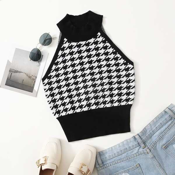 

Houndstooth Pattern Halter Knit Top, Black and white