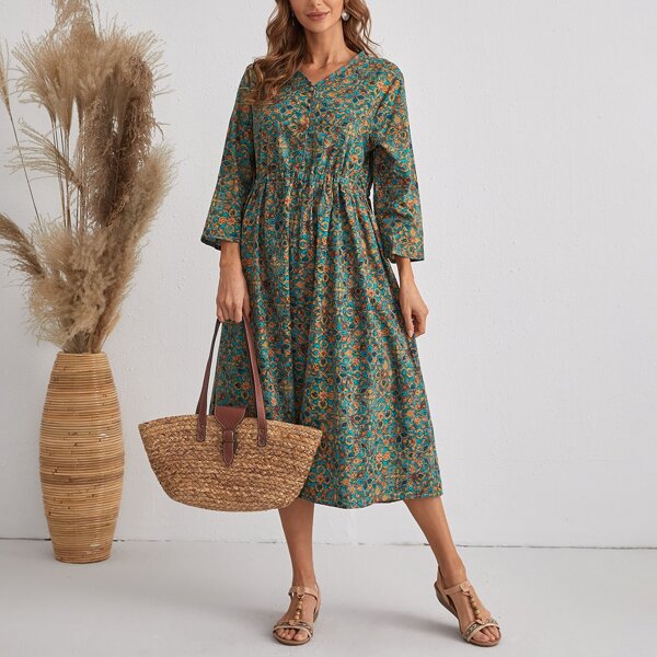 

Half Button Drawstring Waist Allover Print Dress, Multicolor