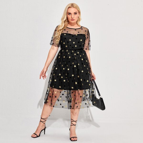 

Plus Contrast Mesh Gilding Star Print Dress, Black