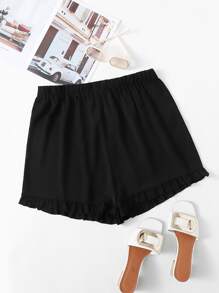 Plus Solid Ruffle Hem Shorts - Black - View 1