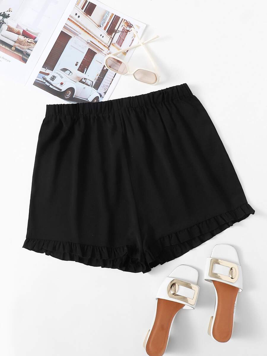 Plus Solid Ruffle Hem Shorts - Black - View 1