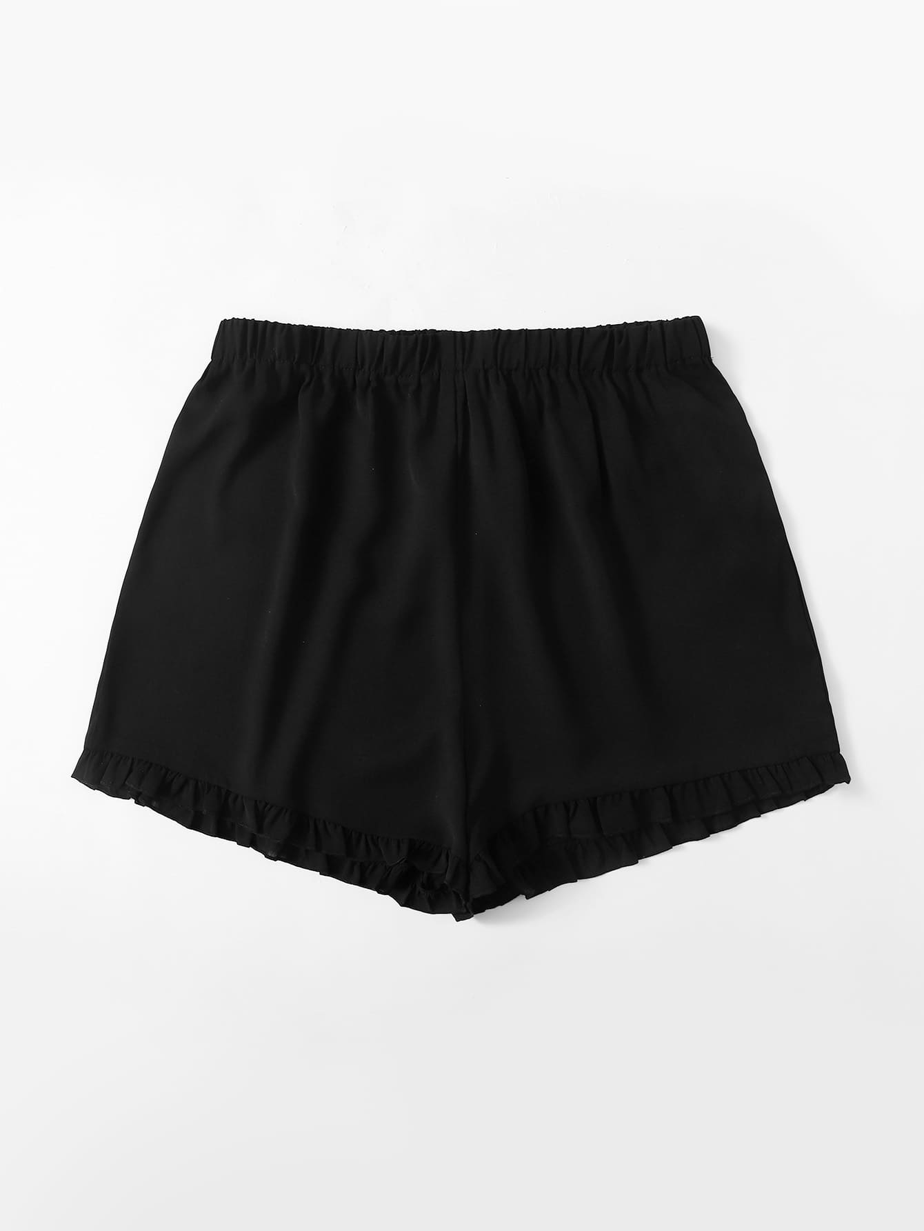 Plus Solid Ruffle Hem Shorts - Black - View 3