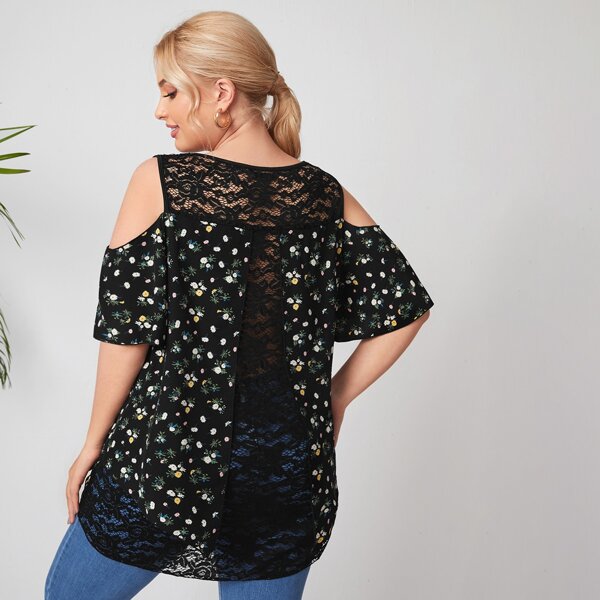 

Plus Contrast Lace Floral Print Cold Shoulder Blouse, Black