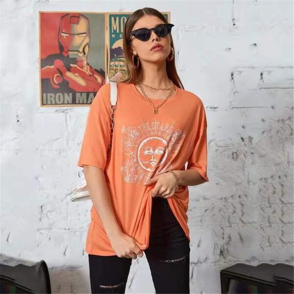 

Abstract Galaxy And Floral Print Boyfriend Tee, Orange