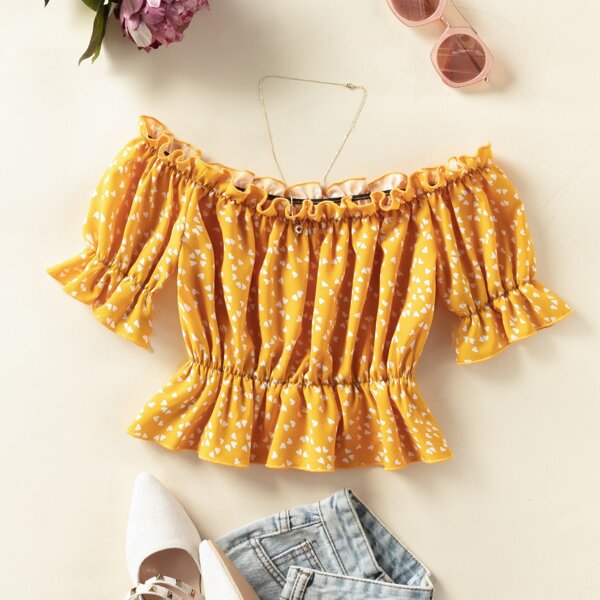 

Heart Confetti Ruffle Trim Peplum Blouse, Yellow