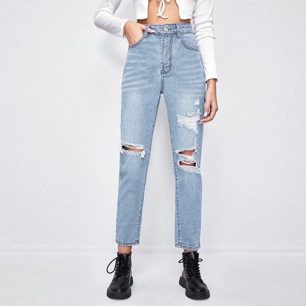 

Solid Ripped Mom Jeans, Light wash
