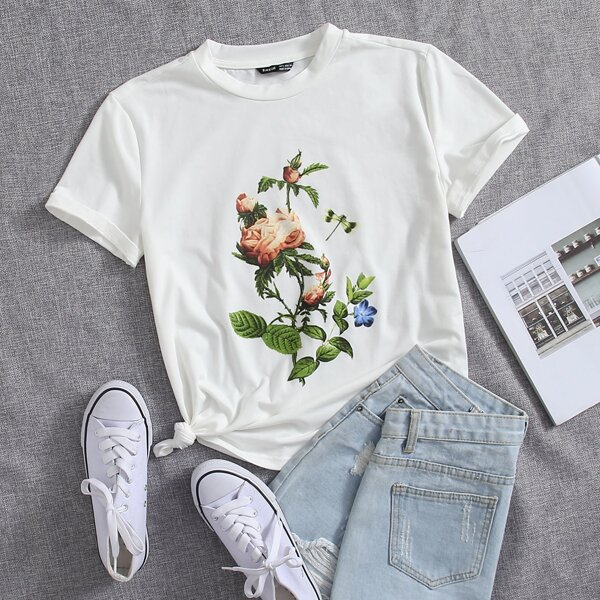 

Floral & Leaves Print Tee, White