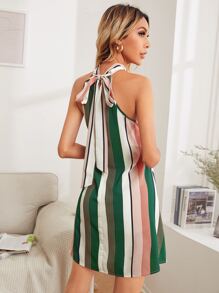 SHEIN Clasi Tie Back Striped Halter Dress - Multicolor - View 2